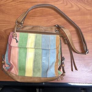 Vintage Fossil Crossbody Patchwork Leather Suede Tooled Multicolor Bag Purse